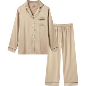 Mud Kingdom Womens Satin Pajamas Set Long Sleeve Sleepwear Classic Button Down Loungewear V-Neck Silk Pjs with Pockets