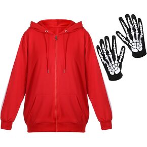 Xtinmee Halloween زي أحمر هوديي زمم مقنعين البلوز سترة هيكل عظمي أصابع قفازات هالوين تأثيري معطف طويل الأكمام هوديي الرجال خرق الخرق للبالغين المراهقين الملحقات in Kuwait