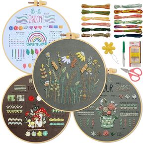 artgeeker 4-Stage Embroidery Kit for Beginners Adults Master 33+ Stitches with Comprehensive Video Tutorials 4 Sets of Floral Patterns Including Stamped Designs Embroidery Hoops and Threads
