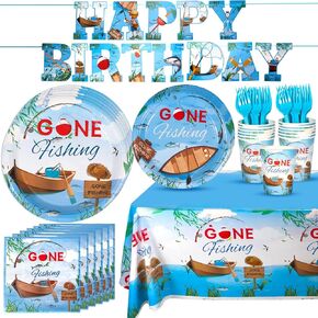 Atonofun Gone Fishing Birthday Party Decorations, Disposable Plates, Napkin, Fork, Cup, Tablecloth, Banner for Ofishally One Birthday Party Serves 24