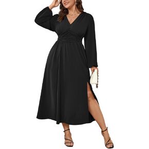 Womens Plus Size Wedding Guest Cocktail Maxi Dress Long Sleeve Elastic Waist V-Neck A-Line Side Slit Flowy Dresses