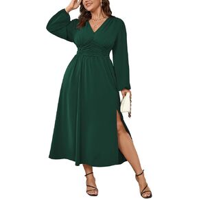 Womens Plus Size Wedding Guest Cocktail Maxi Dress Long Sleeve Elastic Waist V-Neck A-Line Side Slit Flowy Dresses in Kuwait