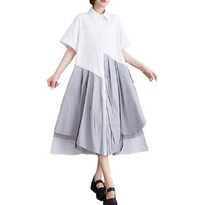 ellazhu Women's Short Sleeves Solid Color Irregular Hem Casual Shirt Dress GZ175