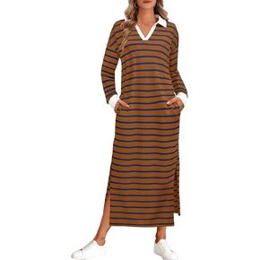 MEROKEETY Women's 2024 Fall Long Sleeve Striped Dress V Neck Collared Side Slit Casual Maxi Dresses