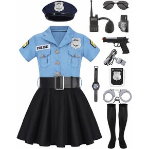 Cop Costume for Kids Girls Police Officer Costume Dress with Hat Toddler Halloween Costume Outfit Set with Stuff Toy