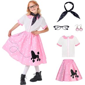 MISS FANTASY 50s Outfit for Girls - Halloween Costume Poodle Dress Girls 50s Costume Sock Hop Outfit Kid 50s Outfit for Girls