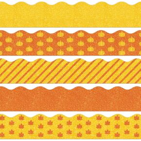 AnyDesign 69Ft Fall Glitter Bulletin Board Borders Pumpkin Maple Leaves Stripe Decoration Trim Orange Yellow Autumn Thanksgiving Borders for School Classroom Office Party Decoration Supplies