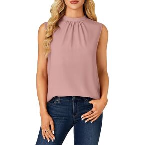 Rooscier Women's Mock Neck Sleeveless Pleated Front Chiffon Elegant Blouse Tank Top