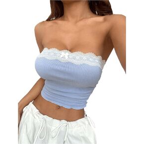 SOLY HUX Women's Lace Trim Strapless Tube Top Sleeveless Bandeau Shirts Y2k Summer Going Out Crop Tops Streetwear