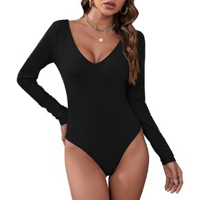 Zando Long Sleeve Body Suits Womens V Neck Bodysuits for Women Ribbed Knit Stretch Sexy Tops