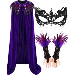 Hercicy 3 Pieces Cloak Feather Witch Cape Lace Long Gloves Witch Spider Web Masquerade Mask for Halloween Party Costume Decor