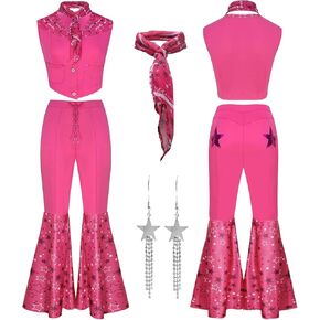 MYUPDALIN 70s 80s Womens Pink Cowgirl Costumes Sleeveless Top Flare Pant Disco Outfits Halloween Movie Cosplay Costumes