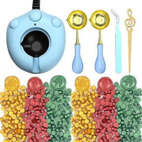 Electric Wax Seal Warmer Kit with 300 Pcs Gold Red Green Wax Seal Beads, Andotopee Wax Seal Melter for Fast Melting Sealing Wax Beads with 2pcs Spoon, Tweezers, Stir Pin for Envelope Stamp Seals