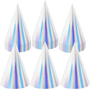 60 Pieces Iridescent Party Hats Pastel Rainbow Laser Paper Birthday Cone Hats with Elastic String for Kids and Adults Birthday New Year Party Supplies