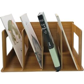 Desktop DIY Storage Bookshelf, Wooden CD Album Record Collection Rack, 4 Compartments Magazine Rack Folder Organizer, Book Shelf for Office Study Home