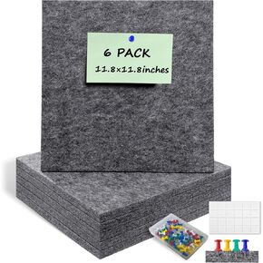 6 Pack Felt Bulletin Board Tiles for Wall Decor, 1/2" Thick Self Adhesive Cork Board with 60 Small Push Pins, Felt Panels Squares Display Wall Organizer for Home Office Classroom