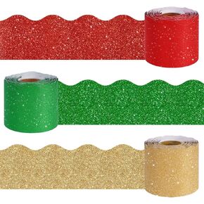 Whaline 196.9Ft Christmas Glitter Bulletin Board Border Decorations 3 Rolls Red Green Gold Shine Die-Cut Bulletin Board Strips Xmas Rolled Bulletin Board Trim for School Classroom Office Chalkboard