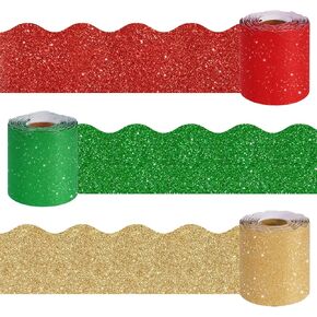 Whaline 196.9Ft Christmas Glitter Bulletin Board Border Decorations 3 Rolls Red Green Gold Shine Die-Cut Bulletin Board Strips Xmas Rolled Bulletin Board Trim for School Classroom Office Chalkboard