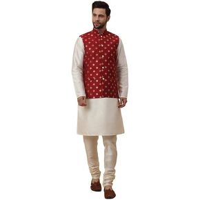 Men Silk Blend Kurta, Churidar & Jacquard Silk Blend Floral Print Nehru Jacket set, Ethnic Traditional Wear