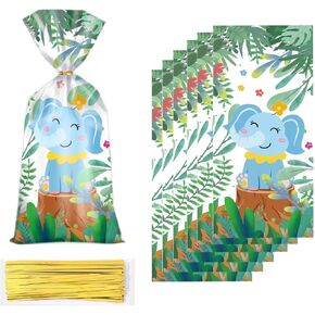 RS 50PCS Blue Elephant Cellophane Treat Bags Cute Elephant Candy Bags for Baby Shower Supplies Favor Bags Goodie Bags with 50 Pieces Gold Twist Ties for Birthday Party Supplies, Inches