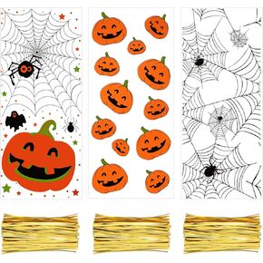 Boao 150 Pcs Halloween Cellophane Treat Bags Clear Plastic Candy Bags with 150 Twist Ties 11 Inch Pumpkin Spider Web Halloween Goodie Bags for for Snacks Cookies Gift Kids Halloween Party Favor