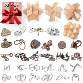 32 Pcs Brain Teaser Puzzles Wooden and Metal Cast 3D Unlock Interlocking Puzzles Gift IQ Educational Smart Puzzle Toys for Kids Teens Adult Puzzles(Classic Style)