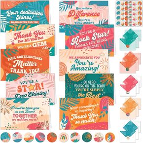 Decorably 50 Pack 6x4in Employee Appreciation Cards with Envelopes and Stickers, 10 Colorful Designs Appreciation Cards for Coworkers, Blank Inside - Promotion, Recognition, Work Anniversary