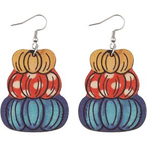 Handmade Thanksgiving Pumpkin Dwarf Double-sided Wooden Dangle Earrings Colorful Lightweight Flower Pumpkin Pie Coffee Cup Triple Hanging Earrings for Women Thanksgiving Day Fall Holiday Jewelry