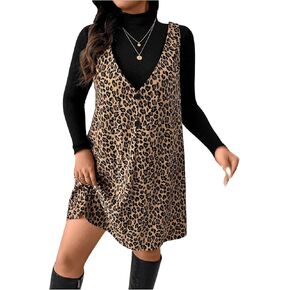 Milumia Women's Plus Size Leopard Print Pinafore Overall V Neck Button Front Mini Dress