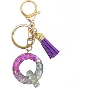 Purple tassel letter pendant English initials women's keychain wallet backpack handbag. Resin Love Sequin Initial Pendant in Saudi Arabia