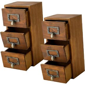 Mini Vintage Desktop Drawers - 3 Drawer Desktop Organizer - Rustic Card Catalog Drawers with Label Holders - Small Tabletop Chest Drawers for Storage and Organization - Mini Library Cabinet - 2-Pack