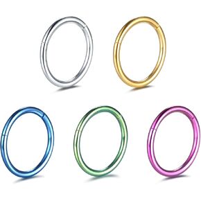 Xpircn Titanium Nose Rings Hoops 18G 9 mm Hinged Segment Ring Septum Clicker Lip Rings Helix Conch Daith Rook Earrings Piercing Hoop, Silver, Gold, Pink, Dark blue, Green