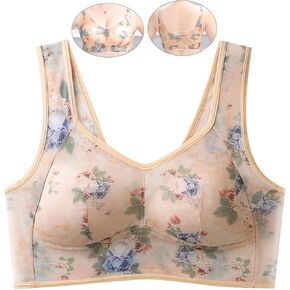 Floral Bras for Older Women Breathable Mesh T-Shirt Bra No Wire Bras for Women Soft Plus Size Bras Comfortable Bra