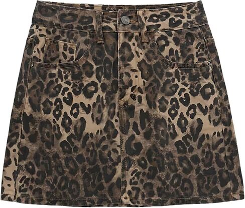 Women's Leopard Print Denim Mini Skirt High Waisted Sexy Bodycon Short Cheetah Print Jean Skirts for Women in Kuwait