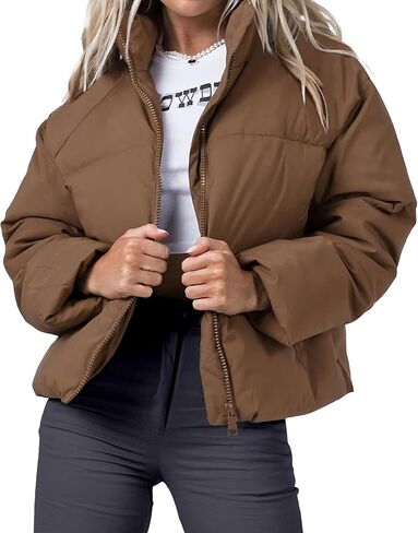Women's Puffer Jacket Lightweight Oversized Long Sleeve Full Zipper Baggy Short Down Coats with Pockets in Saudi Arabia