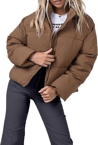 Women's Puffer Jacket Lightweight Oversized Long Sleeve Full Zipper Baggy Short Down Coats with Pockets in Saudi Arabia