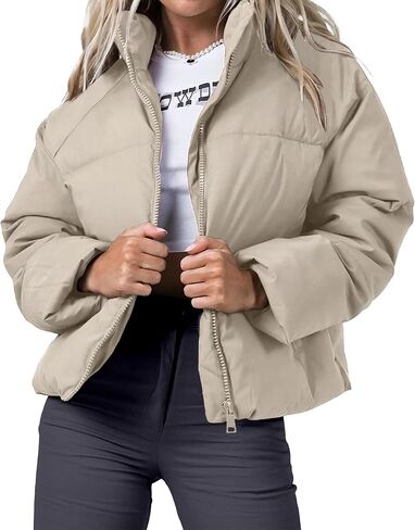 Women's Puffer Jacket Lightweight Oversized Long Sleeve Full Zipper Baggy Short Down Coats with Pockets in Saudi Arabia