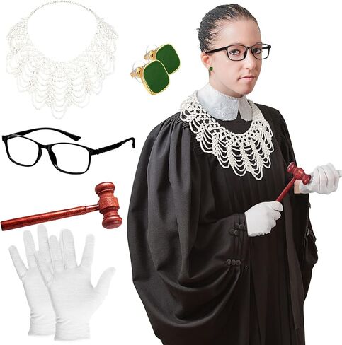 5 Pieces Halloween Judge Cosplay Costume Accessory Include Halloween Judge Collar, Judge Gavel, Judge Earring, Gloves, Glasses Frame, Courtroom Gavel Prop Judge Hammer Costume for Judge Cosplay in Saudi Arabia
