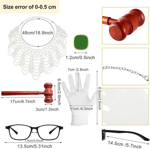 5 Pieces Halloween Judge Cosplay Costume Accessory Include Halloween Judge Collar, Judge Gavel, Judge Earring, Gloves, Glasses Frame, Courtroom Gavel Prop Judge Hammer Costume for Judge Cosplay in Saudi Arabia