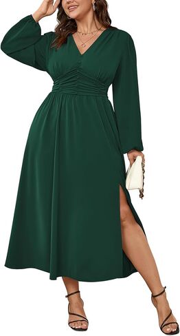 Womens Plus Size Wedding Guest Cocktail Maxi Dress Long Sleeve Elastic Waist V-Neck A-Line Side Slit Flowy Dresses in Kuwait