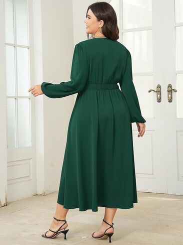 Womens Plus Size Wedding Guest Cocktail Maxi Dress Long Sleeve Elastic Waist V-Neck A-Line Side Slit Flowy Dresses in Kuwait