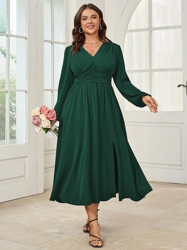 Womens Plus Size Wedding Guest Cocktail Maxi Dress Long Sleeve Elastic Waist V-Neck A-Line Side Slit Flowy Dresses in Kuwait