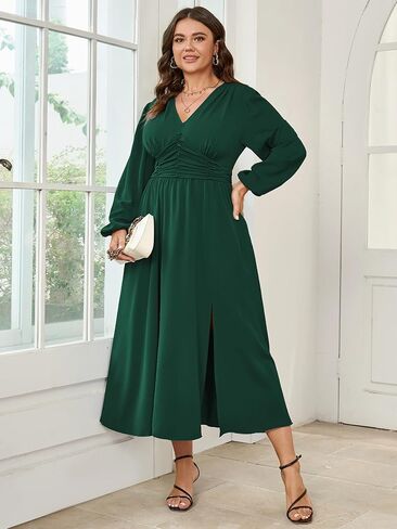 Womens Plus Size Wedding Guest Cocktail Maxi Dress Long Sleeve Elastic Waist V-Neck A-Line Side Slit Flowy Dresses in Kuwait