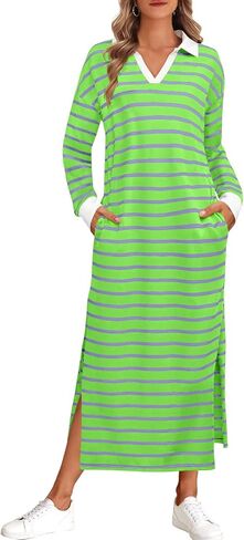 فستان MEROKEETY نسائي لخريف 2024 بأكمام طويلة مخطط وياقة على شكل V وفتحة جانبية فساتين ماكسي غير رسمية in Kuwait