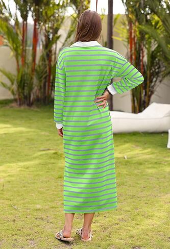 فستان MEROKEETY نسائي لخريف 2024 بأكمام طويلة مخطط وياقة على شكل V وفتحة جانبية فساتين ماكسي غير رسمية in Kuwait