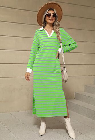 فستان MEROKEETY نسائي لخريف 2024 بأكمام طويلة مخطط وياقة على شكل V وفتحة جانبية فساتين ماكسي غير رسمية in Kuwait