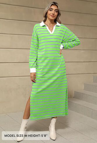 فستان MEROKEETY نسائي لخريف 2024 بأكمام طويلة مخطط وياقة على شكل V وفتحة جانبية فساتين ماكسي غير رسمية in Kuwait