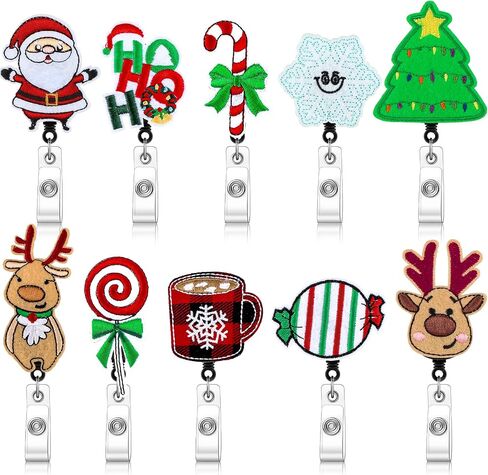10 Pcs Christmas Holiday Badge Reels for Nurses Badge Holder Santa Elk Christmas Tree Candy Canes Lollipop Felt Embroidered Retractable Badge Reel Holder with Clip for Nurse Doctor (Santa Claus) in Kuwait