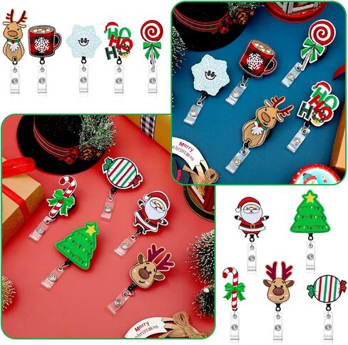 10 Pcs Christmas Holiday Badge Reels for Nurses Badge Holder Santa Elk Christmas Tree Candy Canes Lollipop Felt Embroidered Retractable Badge Reel Holder with Clip for Nurse Doctor (Santa Claus) in Kuwait