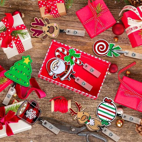 10 Pcs Christmas Holiday Badge Reels for Nurses Badge Holder Santa Elk Christmas Tree Candy Canes Lollipop Felt Embroidered Retractable Badge Reel Holder with Clip for Nurse Doctor (Santa Claus) in Kuwait